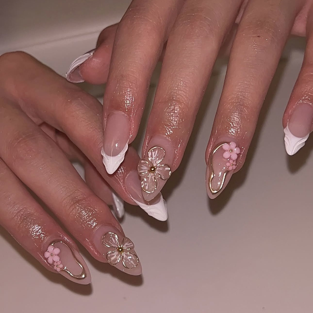 24PCS 3D Sweet Pink Flower Almond Press on False Nails with