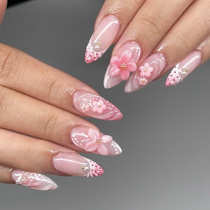 24pcs Almond False Nails Tips Summer Beach Colorful Nails Se