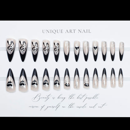 24Pcs False Nails Spicy Girl Silver Bow with Diamond Fake Na