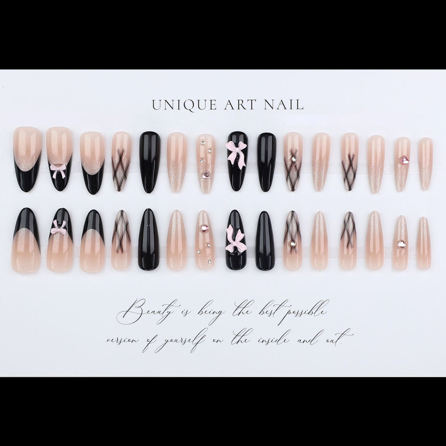 24Pcs Princess Grid Black French Bow Sticker Diamond Gradient Cat Eye Nail Medium Long Press On Nails