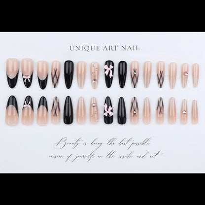 24Pcs Princess Grid Black French Bow Sticker Diamond Gradient Cat Eye Nail Medium Long Press On Nails