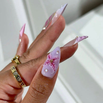 24PCS 3D Sweet Pink Flower Almond Press on False Nails with