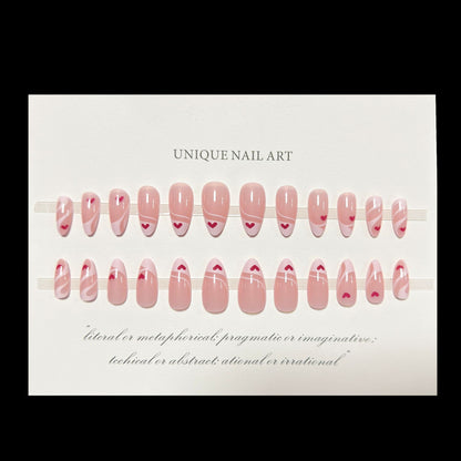 24pcs French white border finished nail pieces, red heart-shaped nail art nails