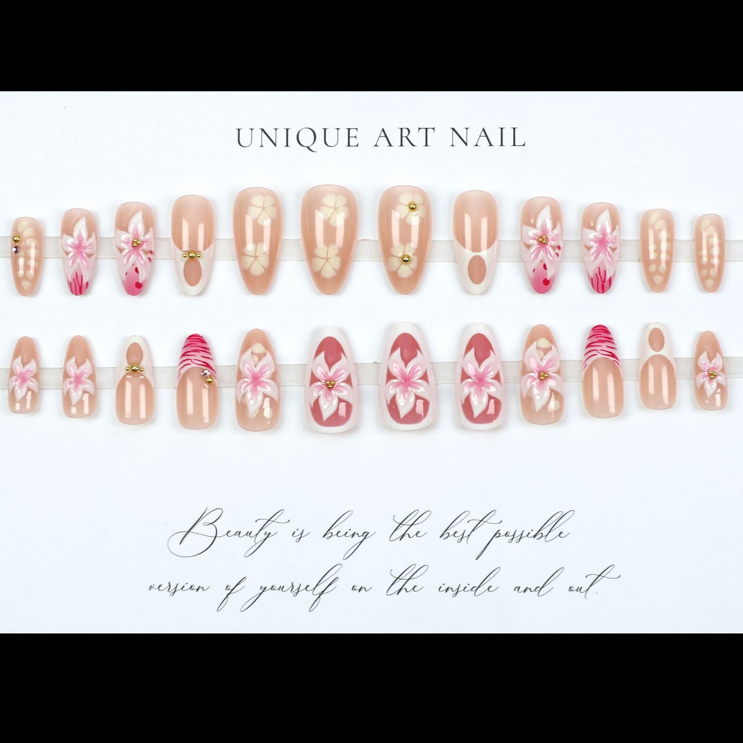 24PCS 3D Sweet Pink Flower Almond Press on False Nails with