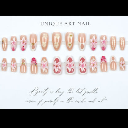 24PCS 3D Sweet Pink Flower Almond Press on False Nails with