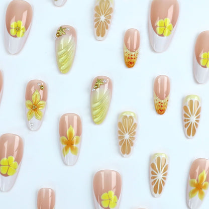 24Pcs Simple French Fake Nails with Almond Head Design Detac