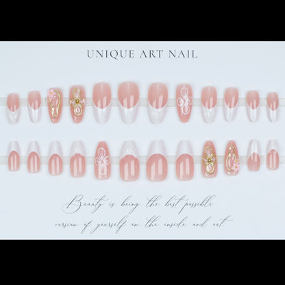 24PCS 3D Sweet Pink Flower Almond Press on False Nails with