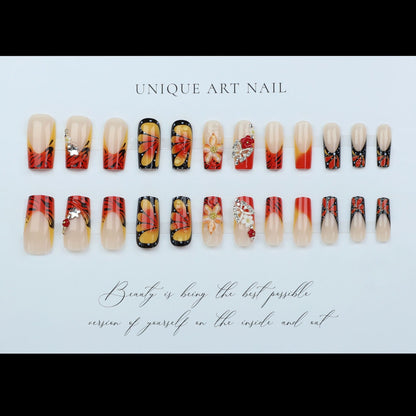 24pcs ins European and American spicy girls summer orange carved French long style Press On Nails