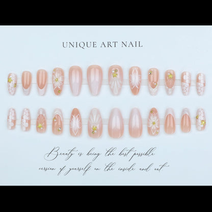 24pcs Almond Press on Nails Flower False Nails Wearable Stic