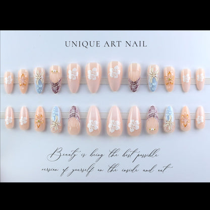 24PCS 3D Sweet Pink Flower Almond Press on False Nails with
