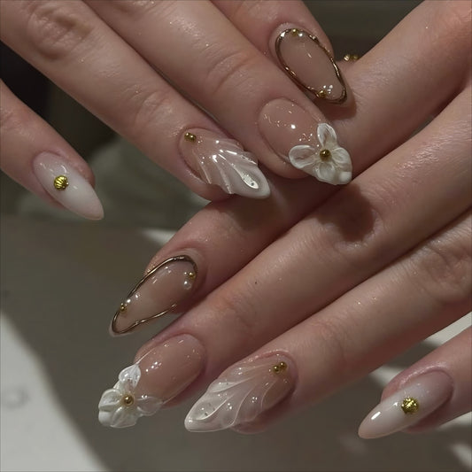 24PCS 3D Sweet Pink Flower Almond Press on False Nails with