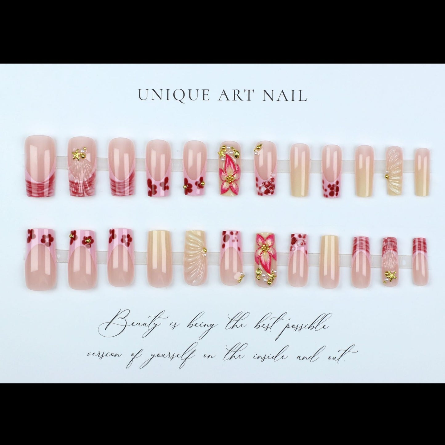 24pcs French Press on Nails Art Simple Pink Flower Star Desi