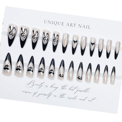 24Pcs False Nails Spicy Girl Silver Bow with Diamond Fake Na