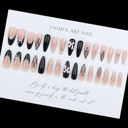 24Pcs Princess Grid Black French Bow Sticker Diamond Gradient Cat Eye Nail Medium Long Press On Nails