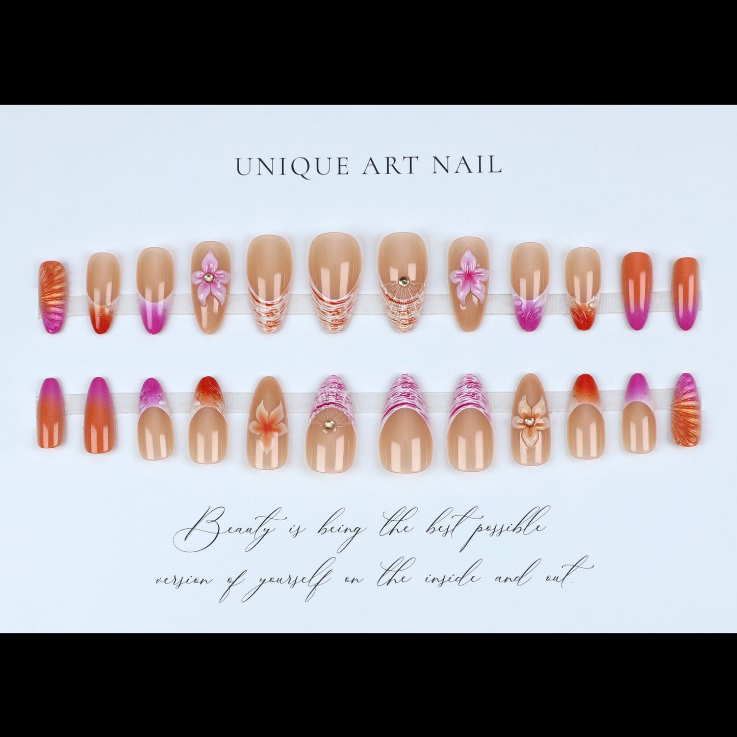 24pcs Almond False Nails Tips Summer Beach Colorful Nails Se