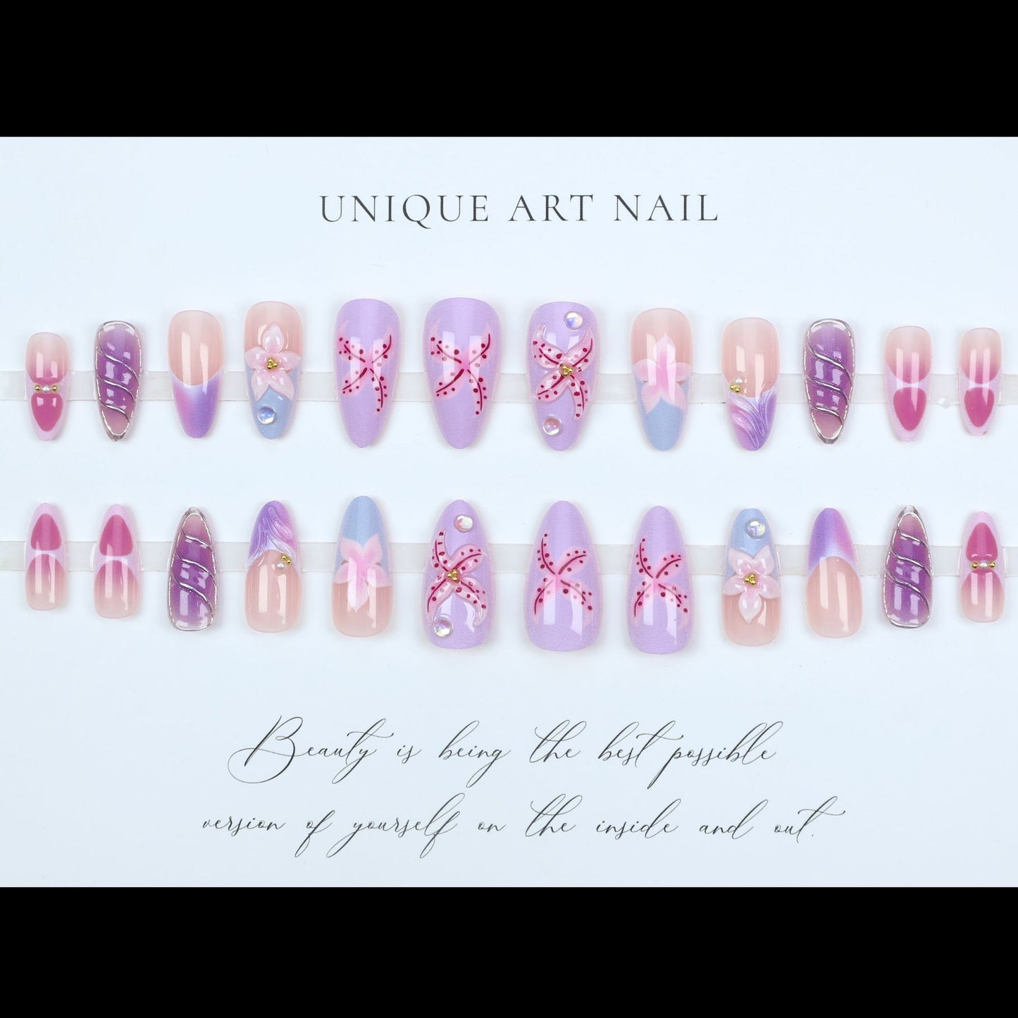 24PCS 3D Sweet Pink Flower Almond Press on False Nails with
