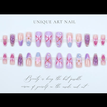 24PCS 3D Sweet Pink Flower Almond Press on False Nails with
