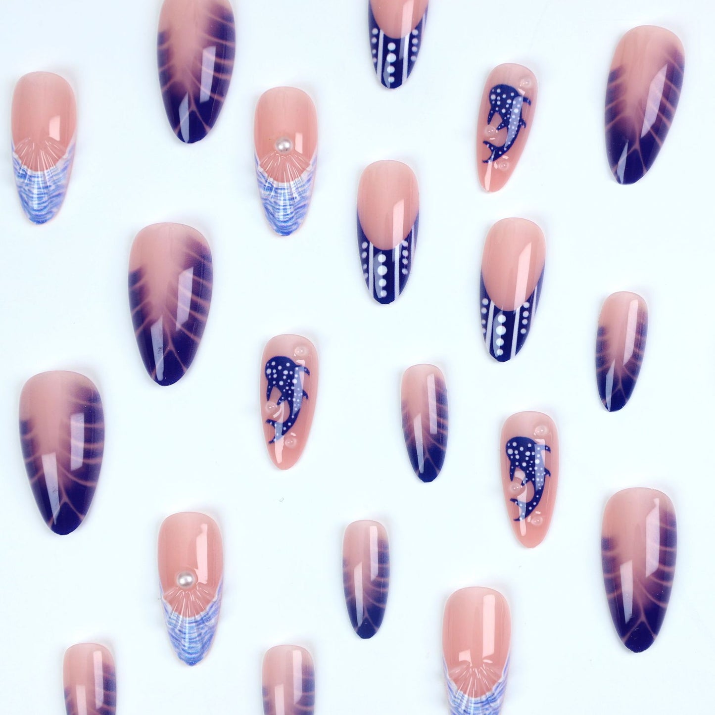 24Pcs Sea Salt Wave Point Ins Wind Summer Fresh Press On Nails~European and American Simple Round Head Nail Fake Nail Patch