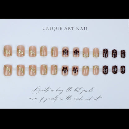 24Pcs brown petal flower hot selling Press On Nails nail plate short square nail 3D nail art fake nail art