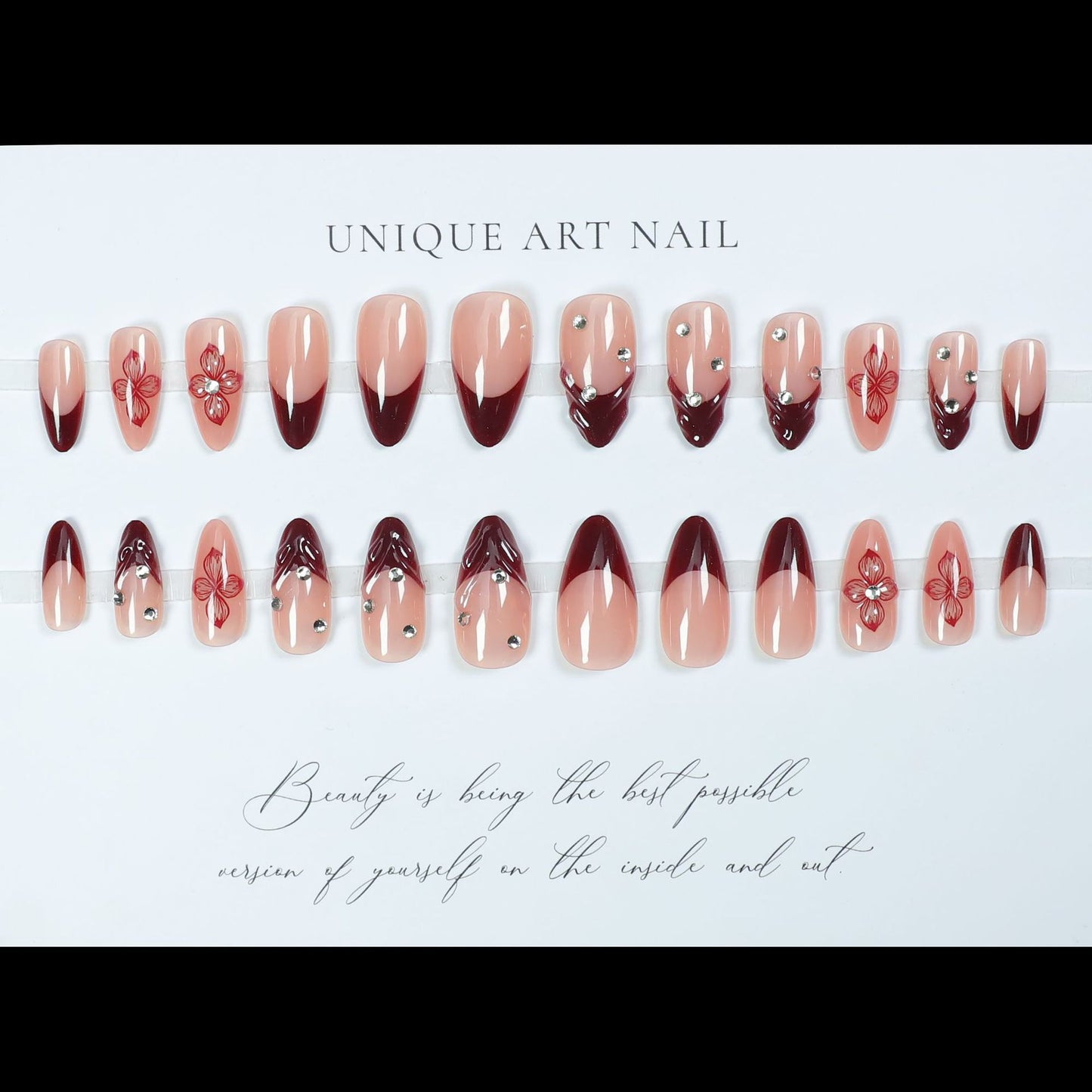 24PCS French Wine Red Press On Nails Simple Petal Flowers Hot Selling Nail Slices in Europe and America Press on Nails