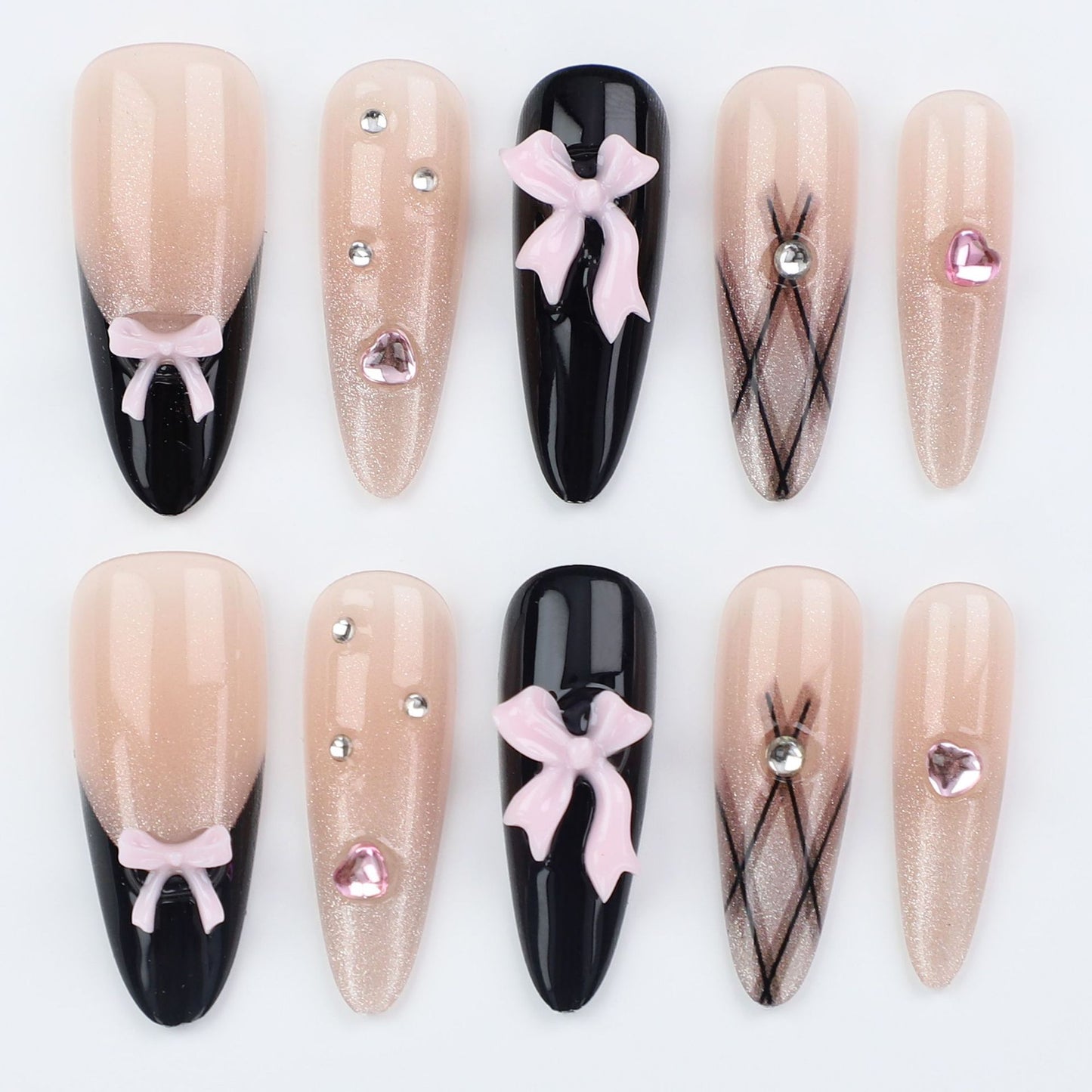 24Pcs Princess Grid Black French Bow Sticker Diamond Gradient Cat Eye Nail Medium Long Press On Nails