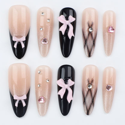 24Pcs Princess Grid Black French Bow Sticker Diamond Gradient Cat Eye Nail Medium Long Press On Nails