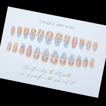 24pcs Summer Fake Nails Press on Almond Wearable 3D Butterfl
