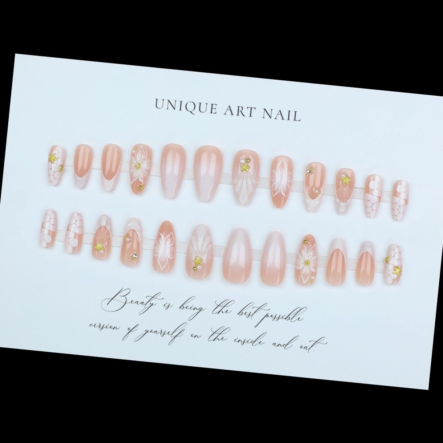 24pcs Almond Press on Nails Flower False Nails Wearable Stic