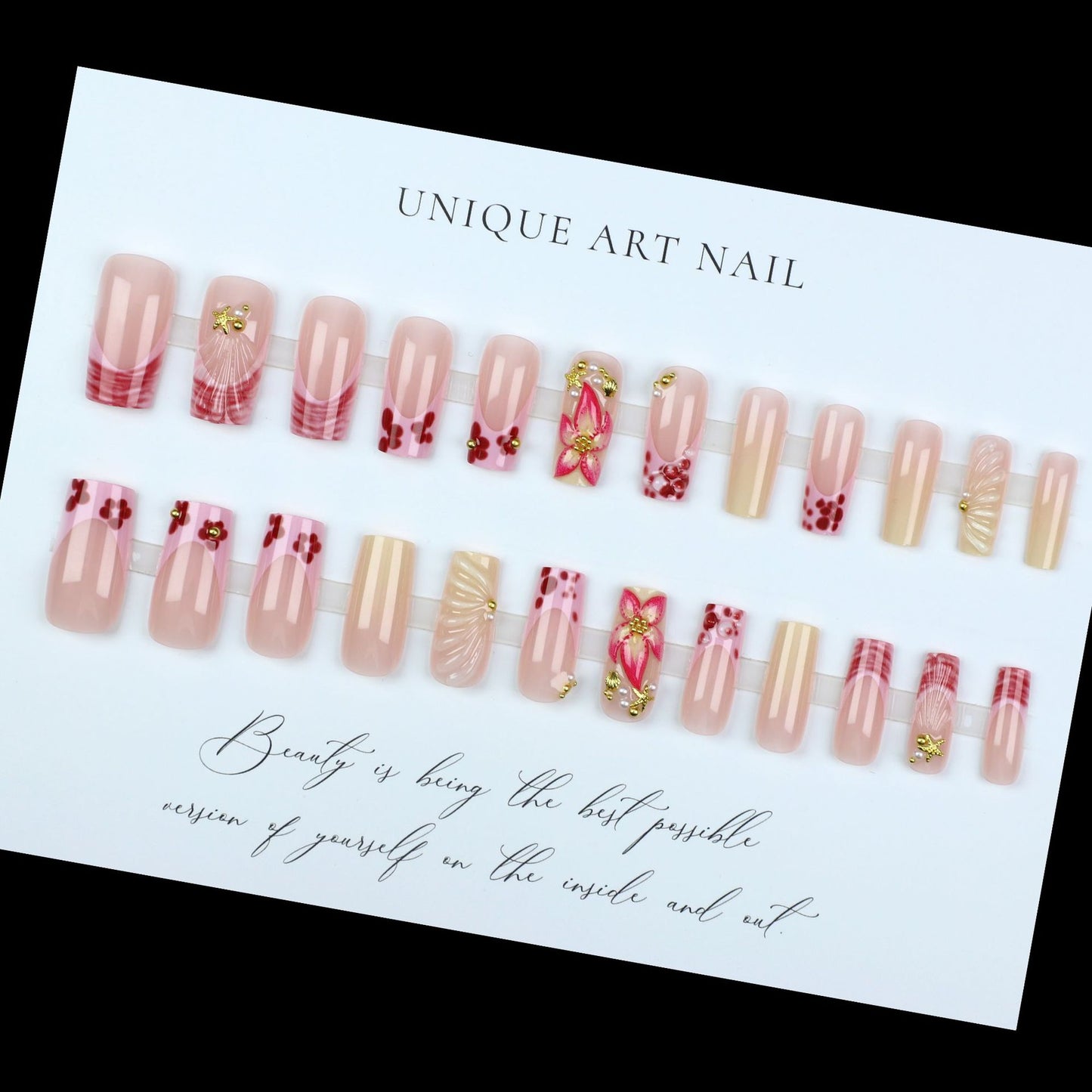 24pcs French Press on Nails Art Simple Pink Flower Star Desi