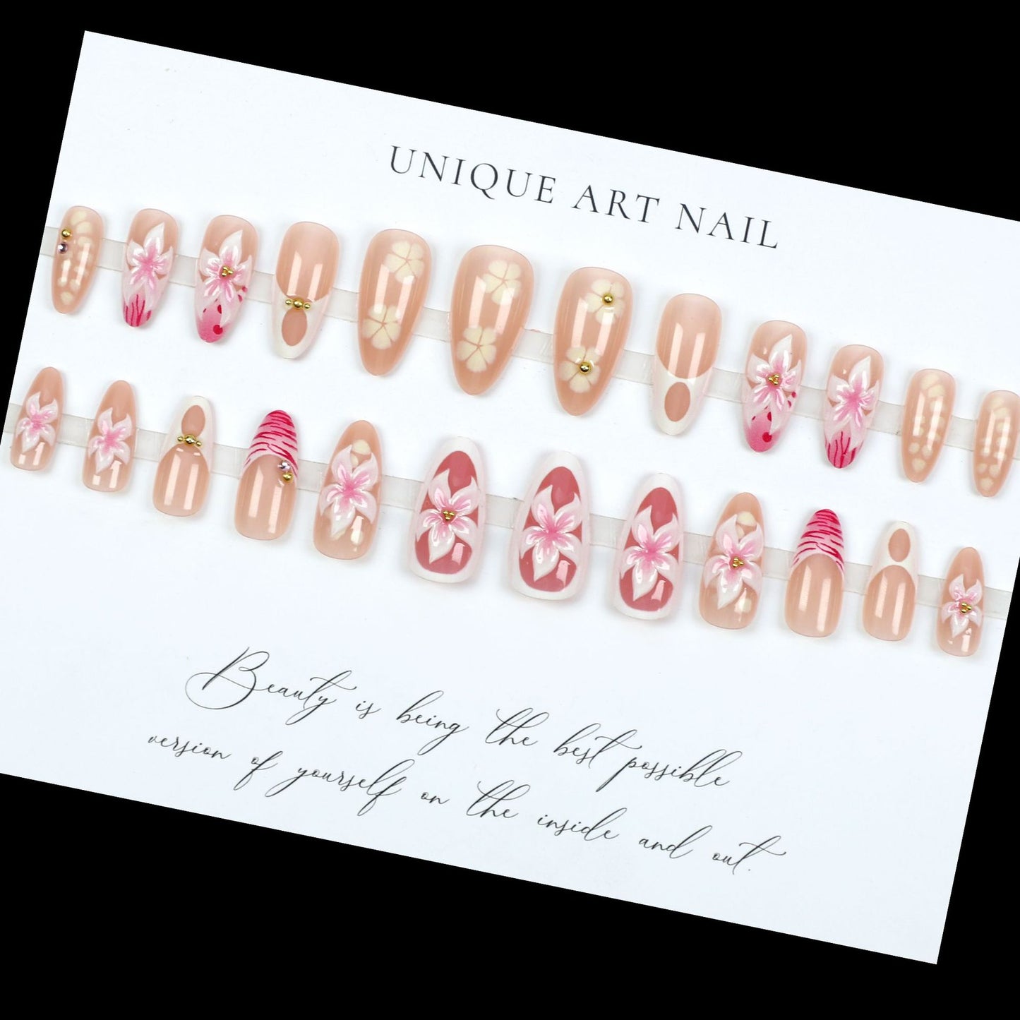 24PCS 3D Sweet Pink Flower Almond Press on False Nails with
