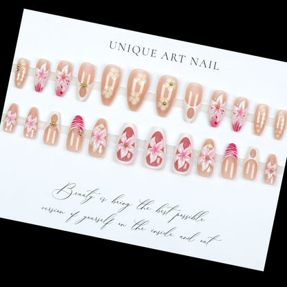 24PCS 3D Sweet Pink Flower Almond Press on False Nails with