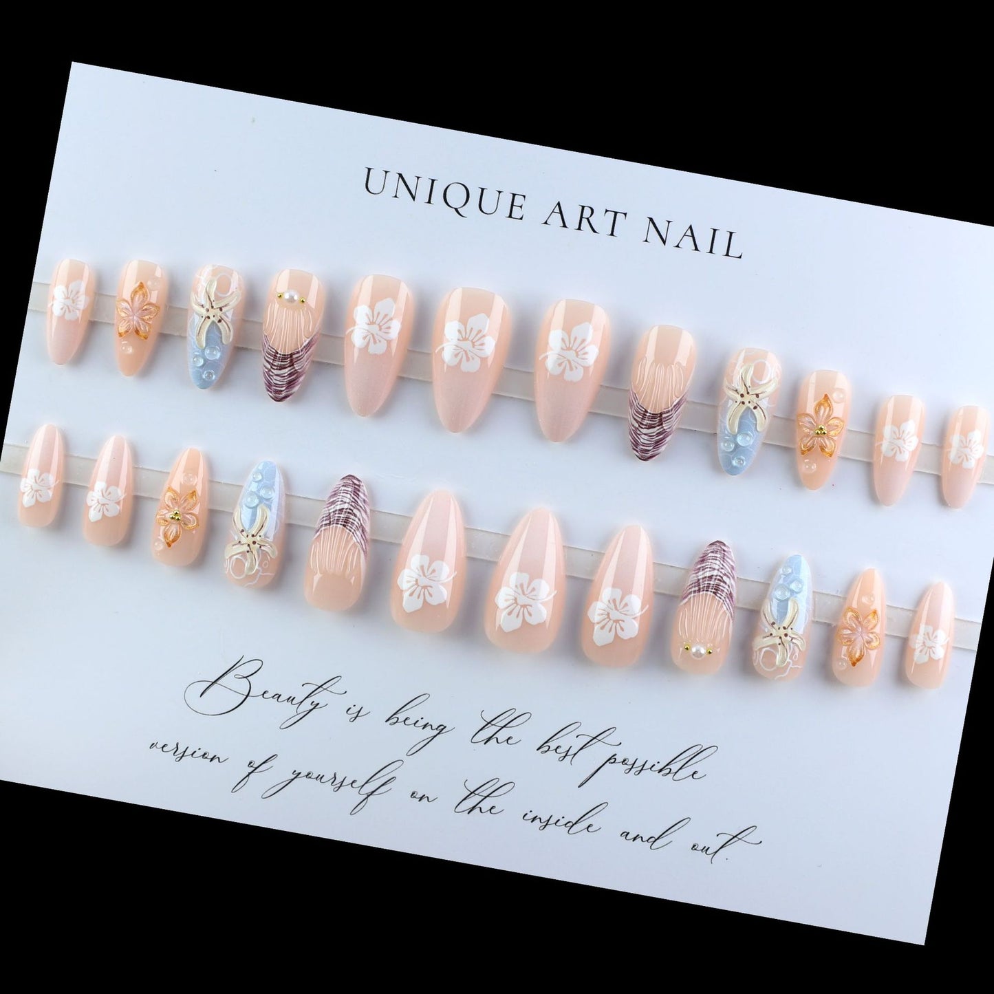 24PCS 3D Sweet Pink Flower Almond Press on False Nails with