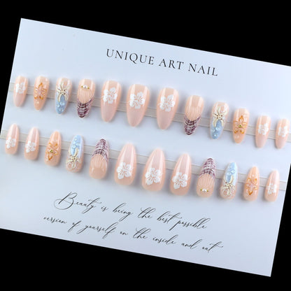 24PCS 3D Sweet Pink Flower Almond Press on False Nails with
