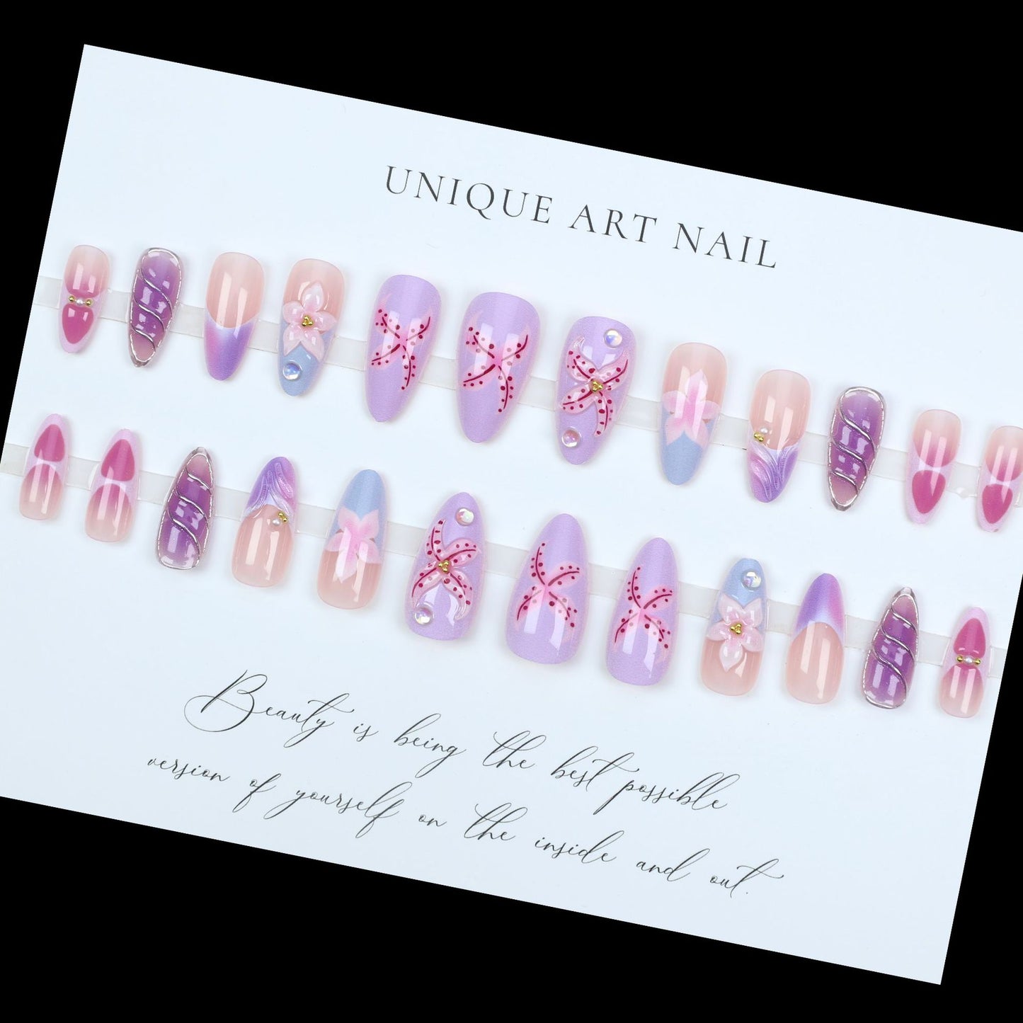 24PCS 3D Sweet Pink Flower Almond Press on False Nails with