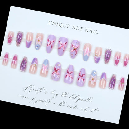 24PCS 3D Sweet Pink Flower Almond Press on False Nails with