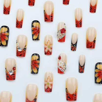 24pcs ins European and American spicy girls summer orange carved French long style Press On Nails