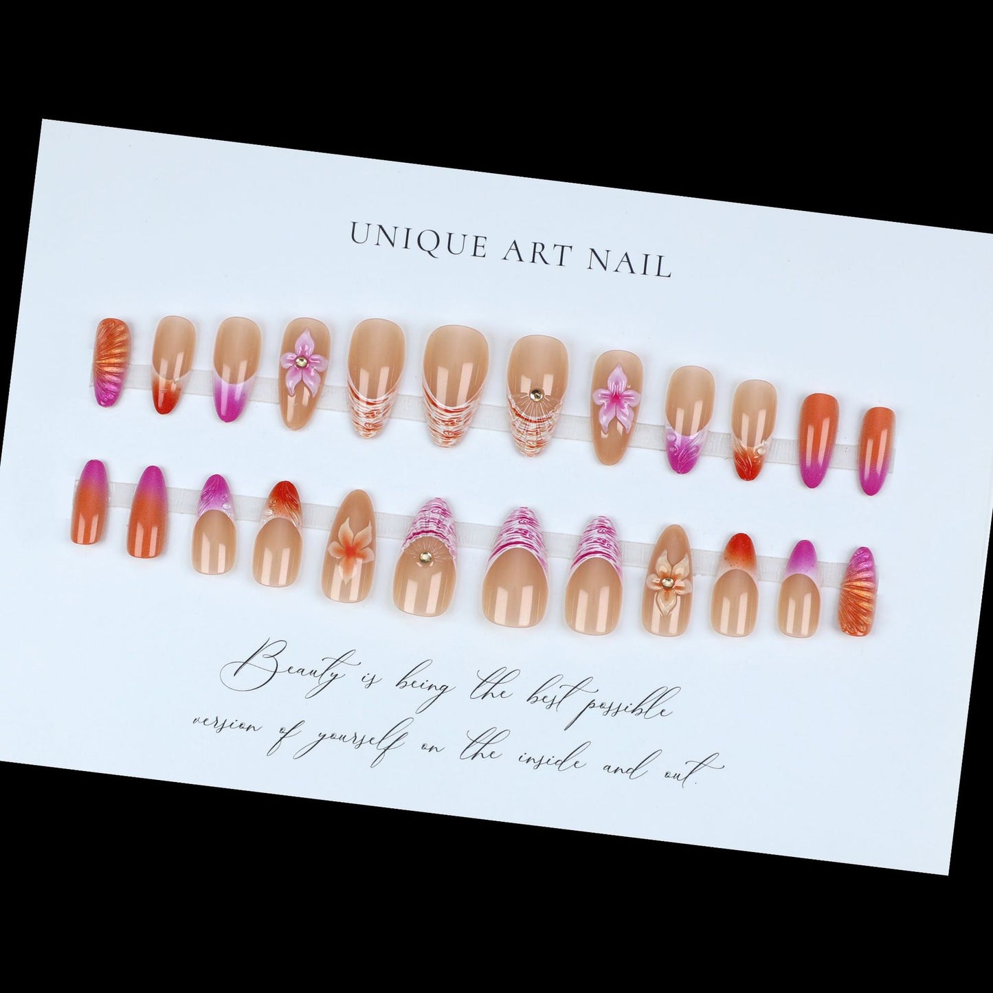 24pcs Almond False Nails Tips Summer Beach Colorful Nails Se