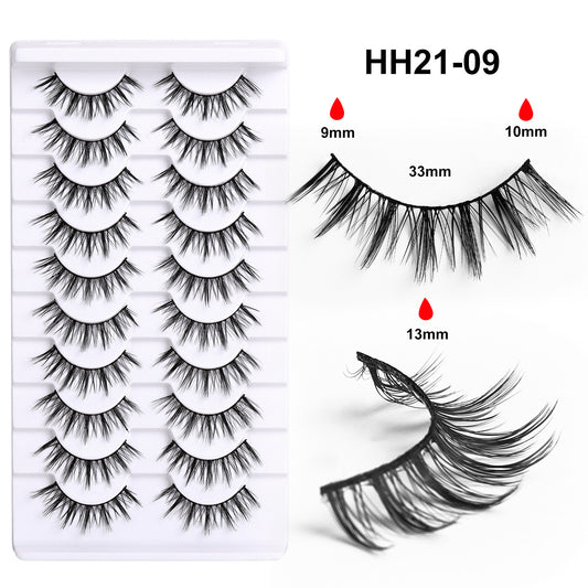 10 pairs of Asian manga with naturally thick and curly eyelashes, long-lasting without smudging, suitable for square and round faces