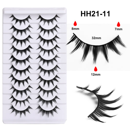 10 pairs of slim stage makeup, black meme, fake eyelashes, demon manga eyes, bridal makeup, natural eyelashes, one-piece, whole eyelashes